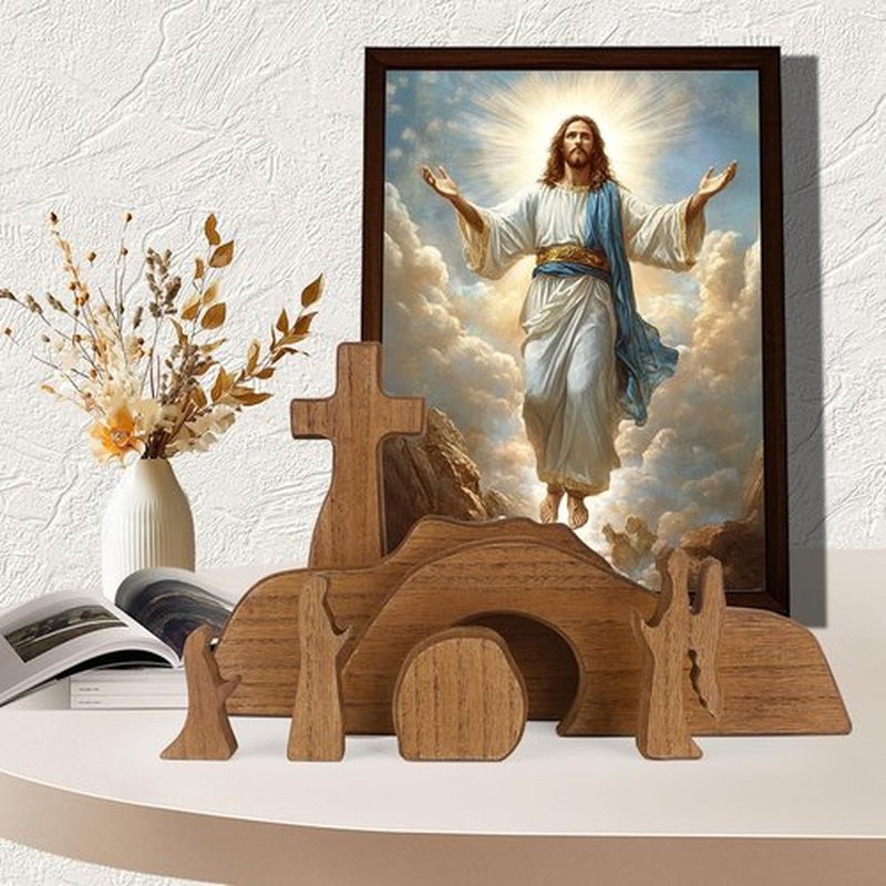 GoClimber Wooden Easter Scene Set - Empty Tomb & Cross Decoration for Religious Home Decor | Christian Gifts