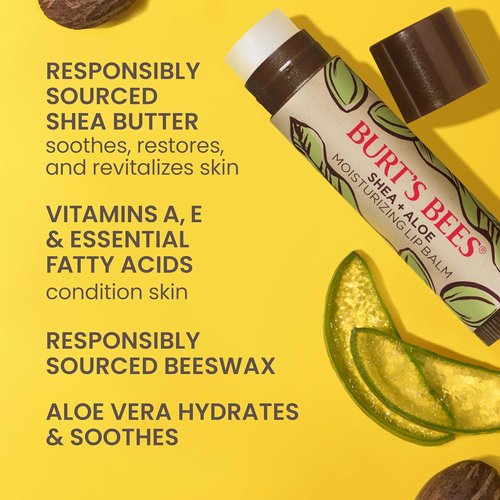 Burt's Bees Lip Balm - Shea & Aloe Moisturizer with Natural Beeswax | Tint-Free, 4 Tubes, 0.15 oz