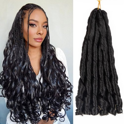 French Curl Braiding Hair 24 Inch Knotless French Curl Braids Pre-stretched Bouncy Loose Wave Sprial Curly Ends Soft as Human Hair Wavy Black Curly Braiding Hair Extensions for Boho Box Braids Twists
