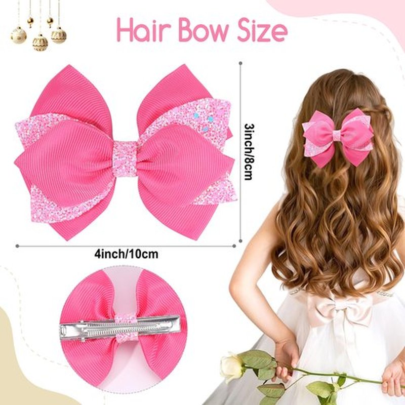 NCMAMA 4 Inch Sparkly Glitter Pink Hair Bow Clips for Girls Boutique Sequin Alligator Barrettes Pins for Teens Toddler Children Kids Grosgrain Hair Accessories for Christmas Halloween Fall Birthday