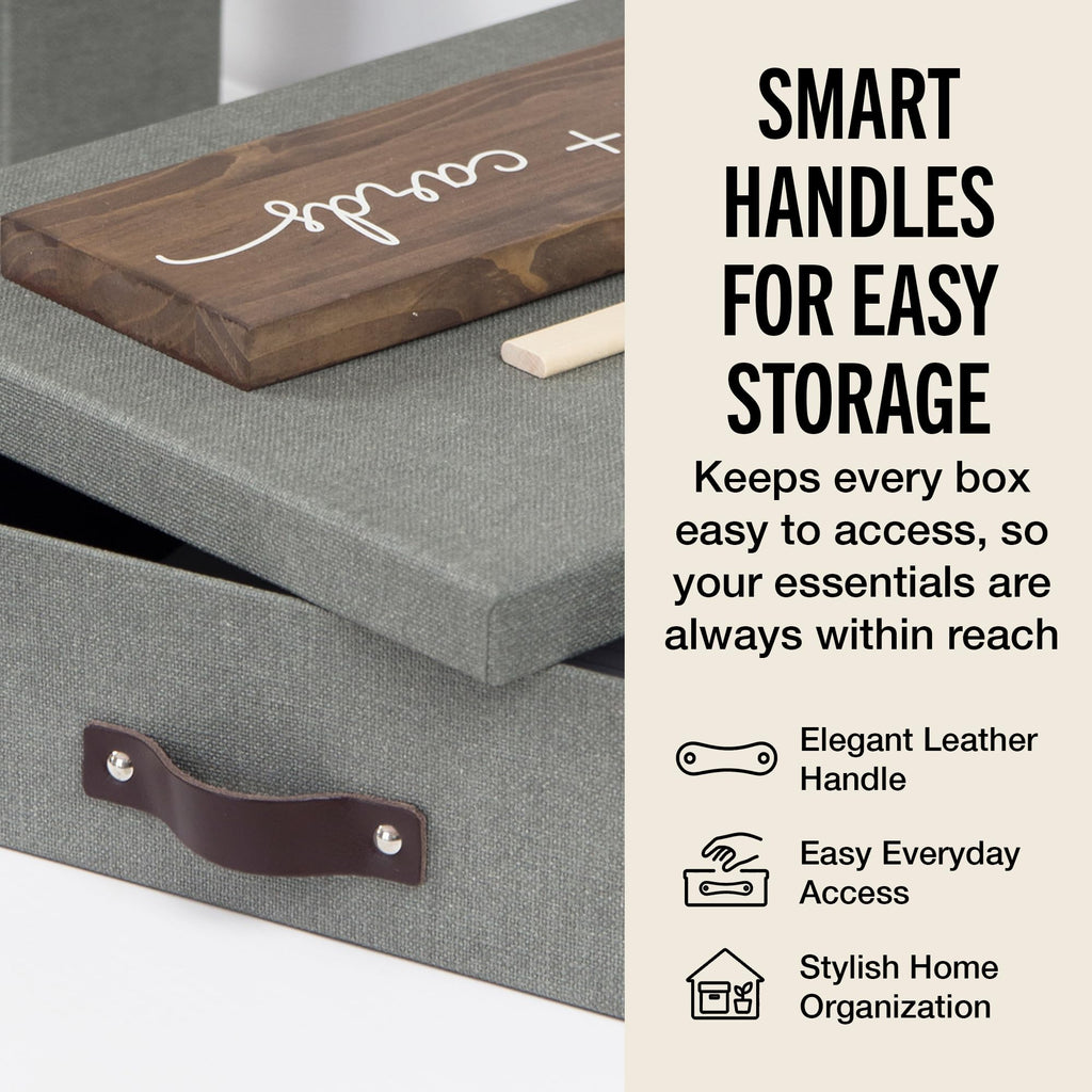 Bigso Oskar Canvas Fiberboard Document Letter Box - File Organizer Box for Important Paperwork - Document Storage with a Lid & Leather Handle - 3.3 in x 10.2 in x 13.8 in - Gray