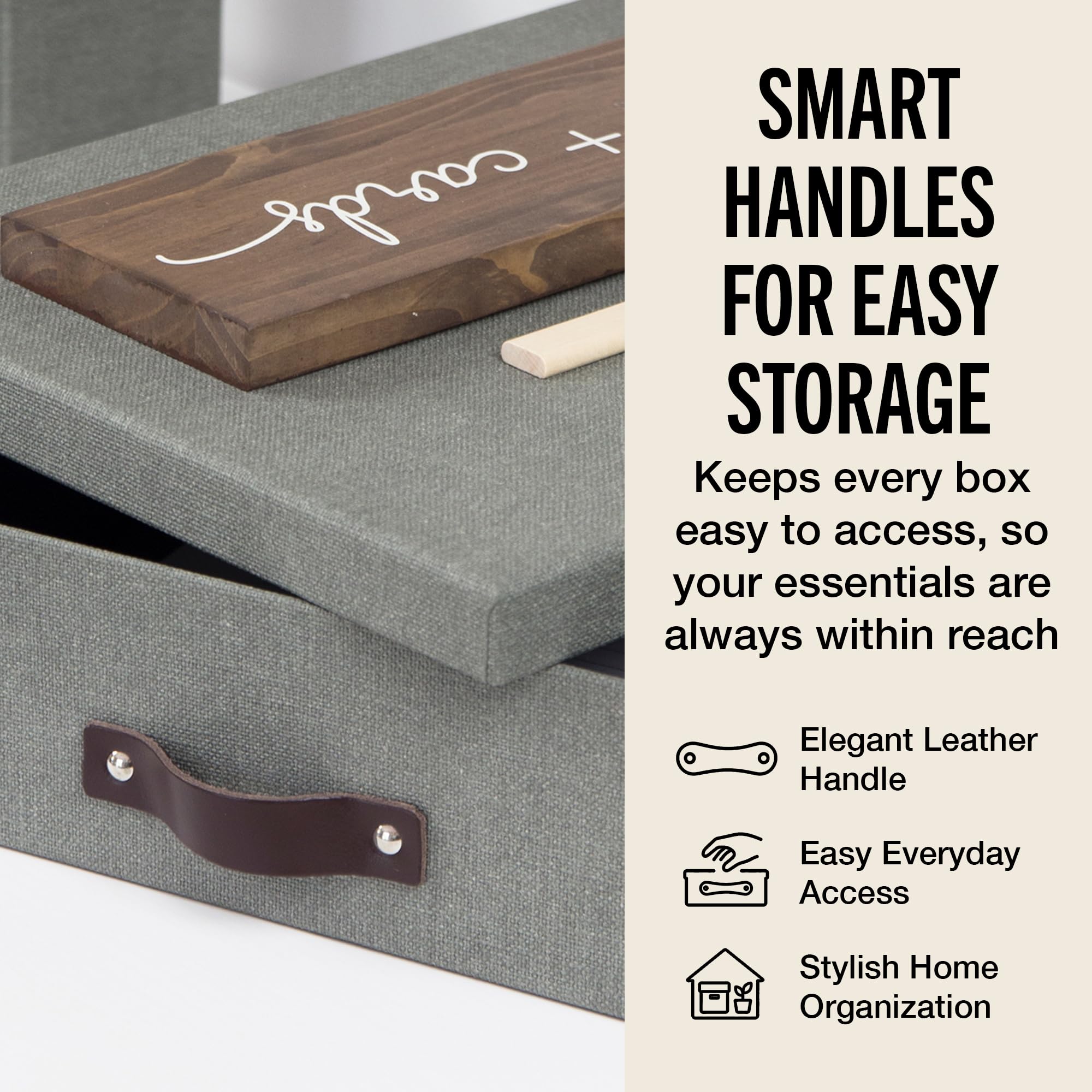 Bigso Oskar Canvas Fiberboard Document Letter Box - File Organizer Box for Important Paperwork - Document Storage with a Lid & Leather Handle - 3.3 in x 10.2 in x 13.8 in - Gray