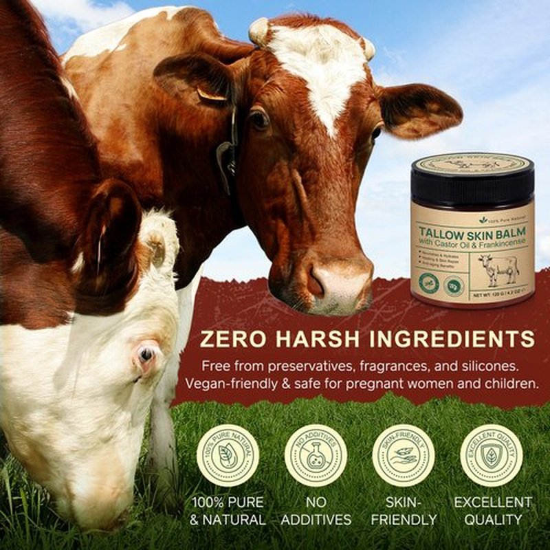 Beef Tallow for Skin & Face Cream with Castor Oil and Frankincense,120g,Organic Natural 100% Grass Fed,Whipped Beef Tallow Balm Deeply Moisturizing for Face & Body Care,4.2 oz