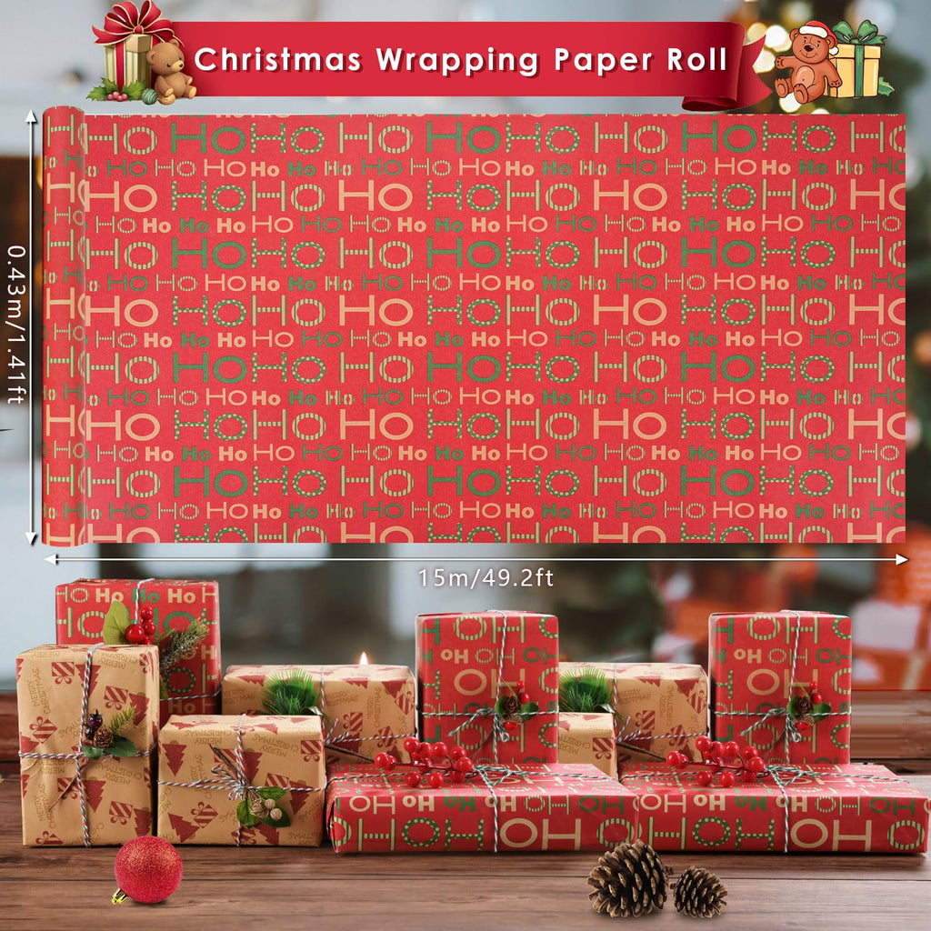 AhfuLife 2 Rolls Christmas Wrapping Paper - 17 Inch × 49.2 Feet Per Roll, Recyclable Red Brown Kraft Xmas Wrapping Paper for Gift Box Decoration