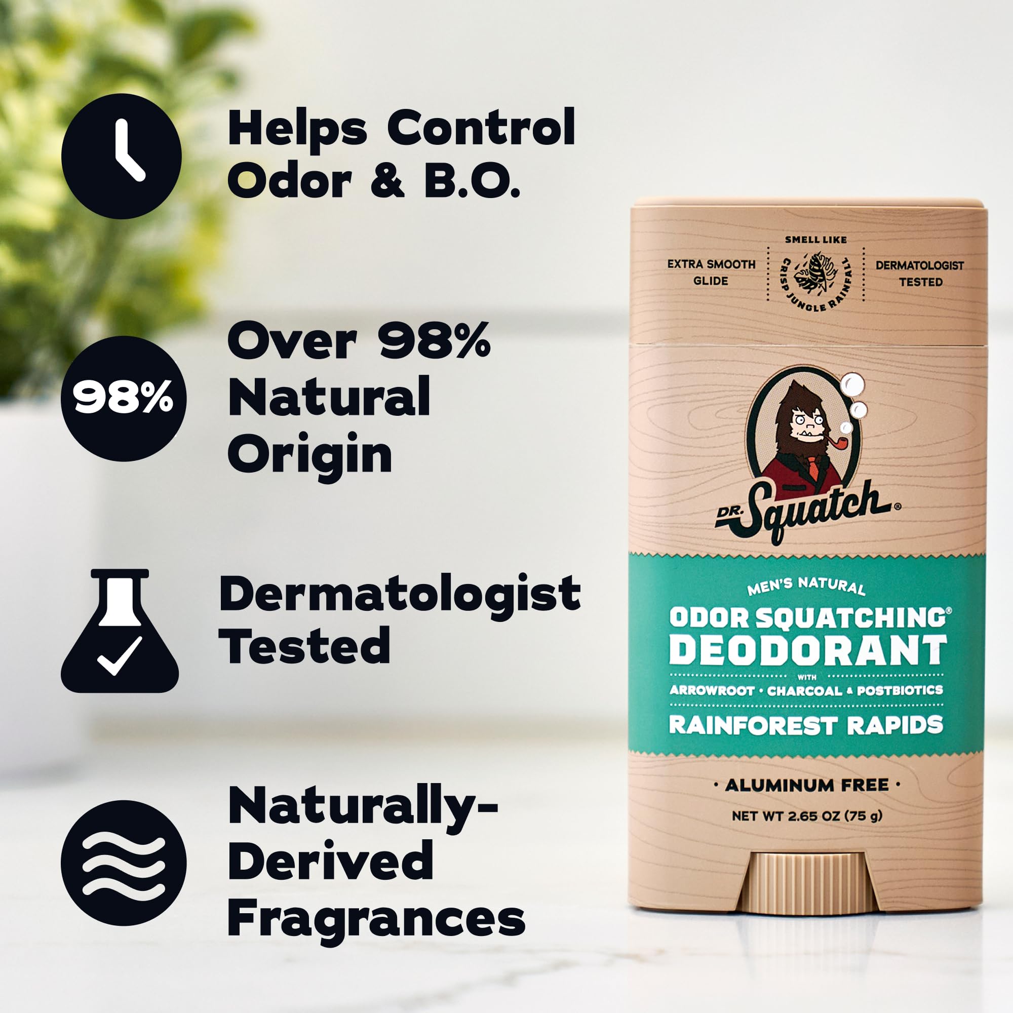 Dr. Squatch Natural Men’s Deodorant – Aluminum Free Natural Deodorant Men with Charcoal & Postbiotics for 72-Hour Odor Protection – Rainforest Rapids + Fresh Falls, 2.65oz Stick (2-Pack)