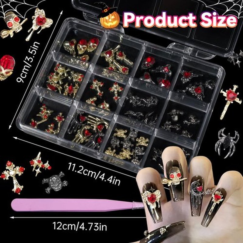 54 PCS 24Styles Halloween Nail Charms, 3D Gold Black Alloy Spider Skull Nail Rhinestones Charms Vintage Gothic Retro Nail Art Charms, Dark Cross Moon Heart Nail Gems and Charms Nail Accessories