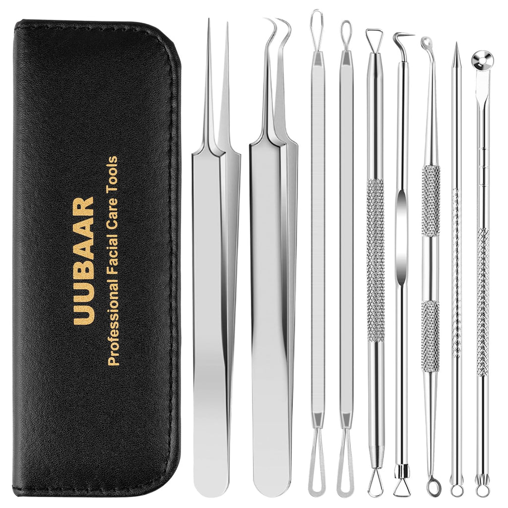 UUBAAR 9PCS Blackhead Remover Tools, Pimple Popper Tool Kit with 2 Tweezers, 304 Stainless Steel Comedone Extractor, 16 Precision Heads Face Nose Acne Zit Removal, Home Esthetician Use & Leather Case