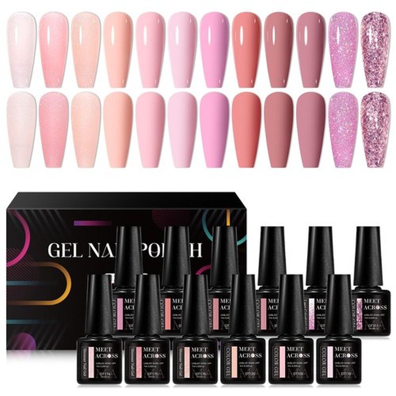 MEET ACROSS Pink Gel Nail Polish Kit, Popular Color Nude Glitter Nail Gel Suitable For All Seasons Gel Polish Soak Off UV LED Semi-Permanent Varnish For DIY Manicure