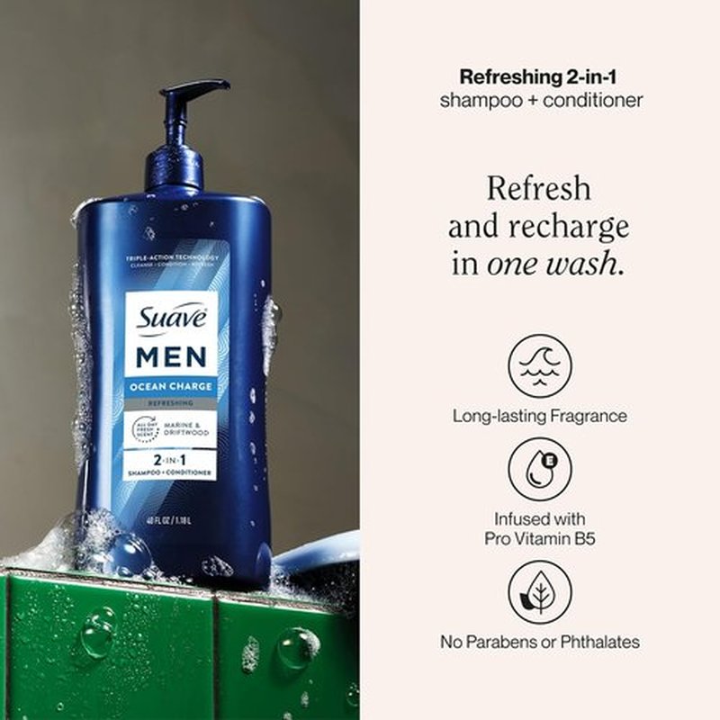 Suave Men Ocean Charge 2-in-1 Shampoo & Conditioner - Hydrating Formula with Pro Vitamin B5, Ocean Fresh Scent | 40 FL OZ Pump (4 Count)