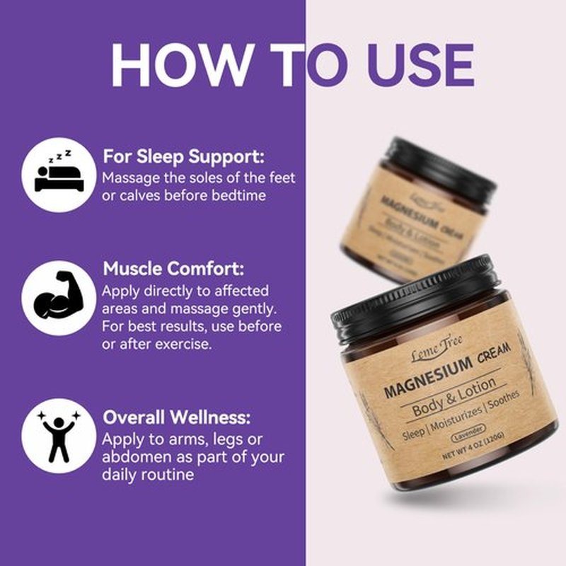 LemeTree Magnesium Cream, Topical Nighttime Magnesium Lotion, Magnesium Body Butter with Jojoba Oil, Shea Butter & Vitamin E, Apply to Legs, Arms or Chest, Safe for Kids