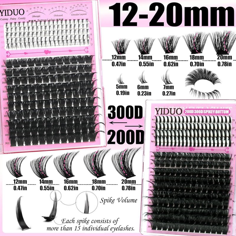 YIDUO Lash Clusters Kit 200D+300D+Spikes+Bottom Cluster Lashes Extensions Kit with Lash Bond and Seal |Tweezers |Removers |Eyebrow Brush (200D+300D-10-18MIX Thick Kit)