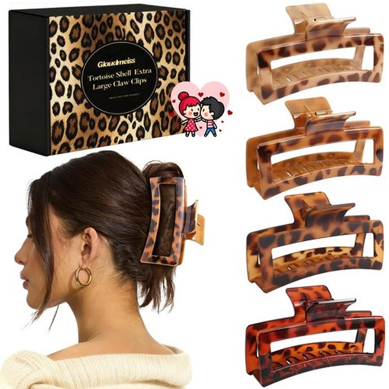 4 PCS 5 Inch Extra Large Claw Clip for Women, Tortoise Shell Jumbo Claw Clips for Thick Long Curly Hair, Rectangle Strong Hold Hair Clip, Non-slip Square Durable Hair Accessories