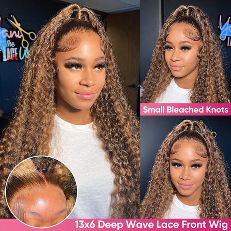 Juviso 26 Inch Honey Blonde Wig Human Hair Deep Wave 13x6 HD Ombre Lace Front Wigs P4/27 Highlight Curly Human Hair Wig 200 Density Pre Plucked Human Hair Frontal Wigs for Women