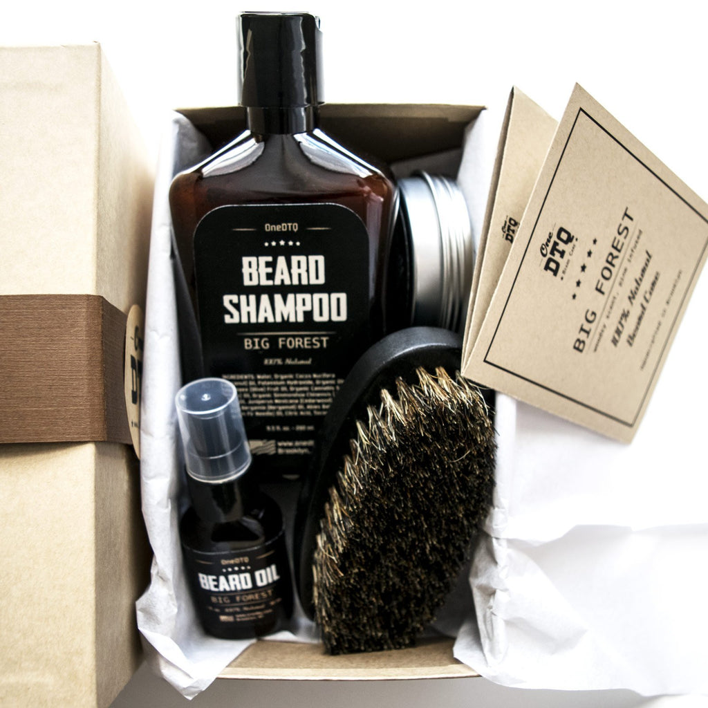 Big Forest Beard Treatment Kit - Shampoo 9 oz, Oil 1 oz, Balm 2 oz, Brush - Wood Scent - 100% Natural and Organic Growth Care Products in Premium Gift Box