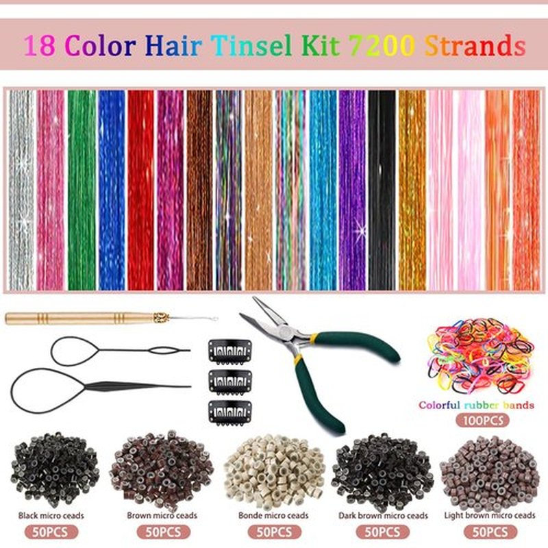 Hair Tinsel Kit (48 Inch, 18 Colors, 7200 Strands), Glitter Tinsel Hair Extensions with Tools - Fairy Hair Tinsel Heat Resistant Accessories for Women Girls Kids