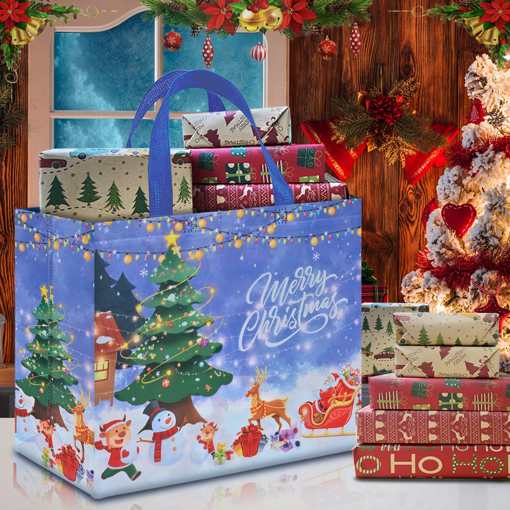 AhfuLife 12PCS Extra Large Christmas Gift Bags, 15.7'' x 14.2''x 5.9'', Christmas Tote Bags with Handles, Reusable Non-woven Shopping Bag for New Year, Xmas's Party Supplies Decorations
