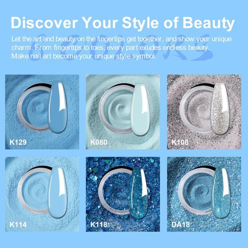 Eodci 12 Pcs Dip Powder Nail Kit Starter, 6 Colors Glitter Blue Snow Dipping Powder Kit With Base & Top Coat/Activator/Brush Saver, Nail Art Manicure Salon DIY for Daily at Home Party Gifts for Women