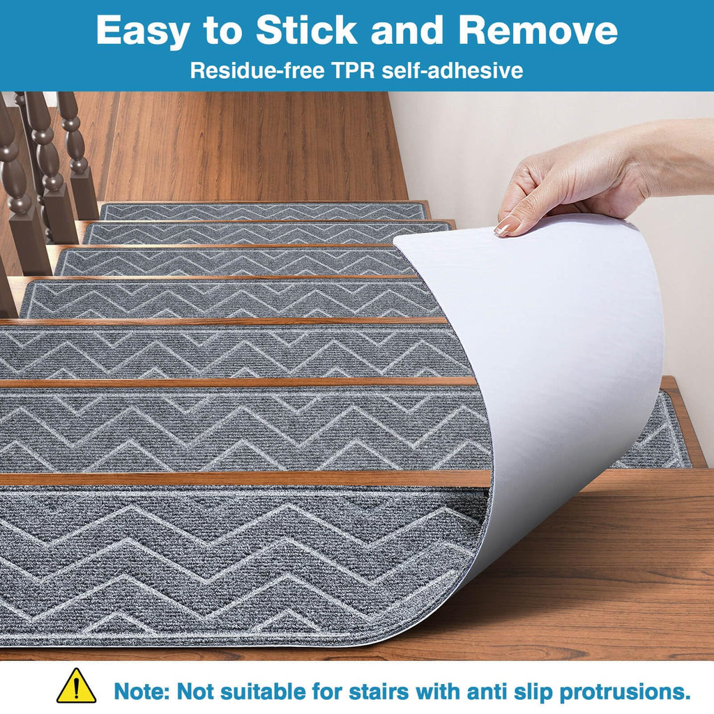 DK177 Stair Treads for Wooden Steps, 15 Pack 8"x30" Non-Slip Indoor Carpet Stair Treads with Reusable Polyester TPE Backing for Kids Elders and Pets (Dark Gray, 15PCS)