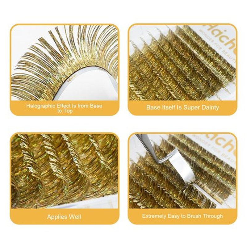 HAICHER Colored Lash Extensions CC Curl 9-18mm Mixed Lash Trays, Holographic Lash Tinsel for Eyelash Extension (Gold, Volume)