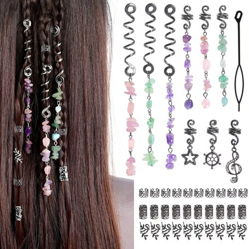 hoyuwak 40Pcs Hair Jewelry for Braids Loc Dreadlock Accessories Hair Beads Clips Cuffs Charms Rings for Women Grls Rave Punk Hairstyle Decoration, Black