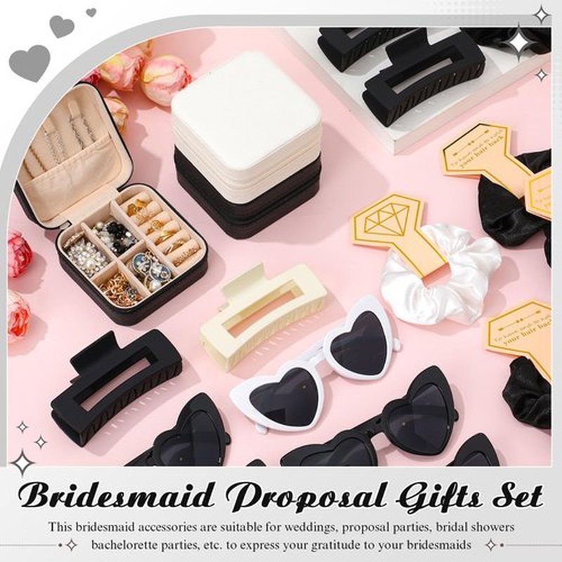 Hotop 24 Pcs Bridesmaid Proposal Gifts Set, 6 Mini Jewelry Box, 6 Satin Bridesmaid Scrunchies, 6 Bachelorette Sunglasses, 6 Square Hair Clips for Bridal Shower Wedding Party Favors (White, Black)