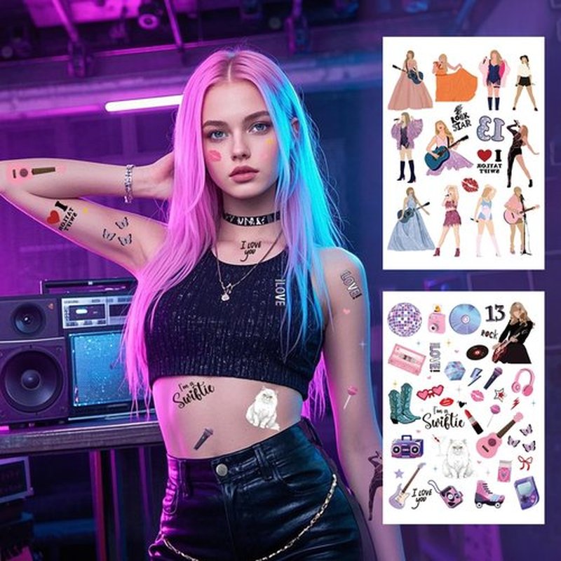 Papiailove Singer Music Glitter Temporary Tattoos for Women Girls Fans, Birthday Party Favors Goodie Bag Fillers Supplies, Number 13 Hand Face Body Arm Tattoo Stickers Decorations Gifts (6 Sheets)