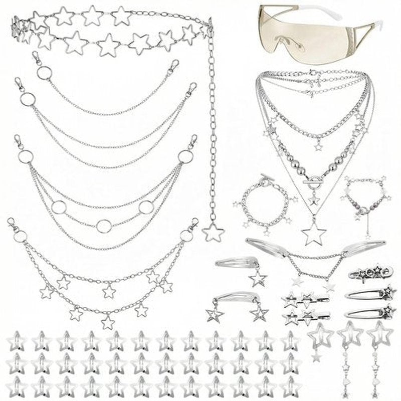 Fourluoo 60 Pcs Y2k Accessories Set Included Y2k Choker Bracelet Ring Sunglasses Hair Clips Chain Belt 2000s Accessories Set (Gradient Silver, Silver)