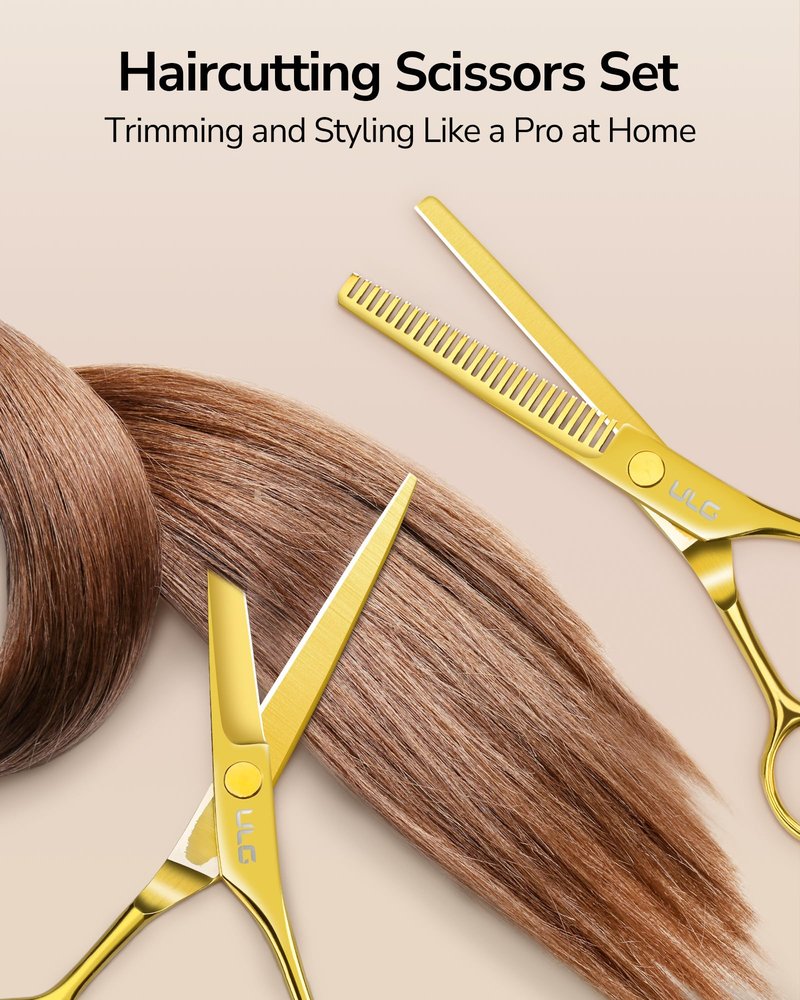 ULG Professional Hair Cutting Scissors Set – 6.5” Japanese Stainless Steel Barber Shears & Thinning Scissors with Comb, Clips & Case – at-Home Salon Haircut Kit Gold