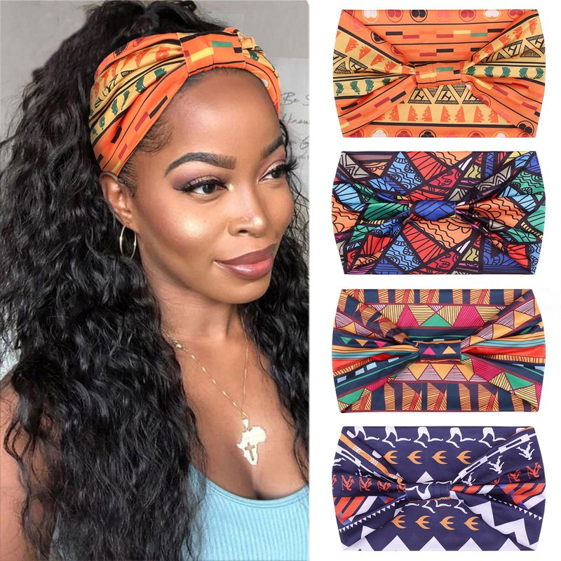 XTREND 4 Packs Wide Headbands for Women Fashion Head Wraps Boho Printed Hair Stretchy Knotted African Headbands Suitable For Outdoor Sport Yoga Girls Bandeau Hair Accessories