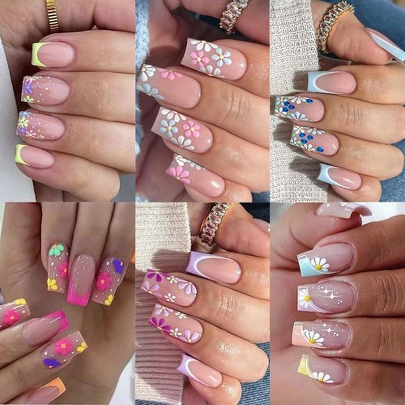 6-Pack Square Press-On Nails: 12 Sets (144 Pcs) French Tip Fake Nails with Flower Design - Full Cover, Colourful Artificial, Reusable False Nails Kit - Cute Glue-On Nails for Women & Girls