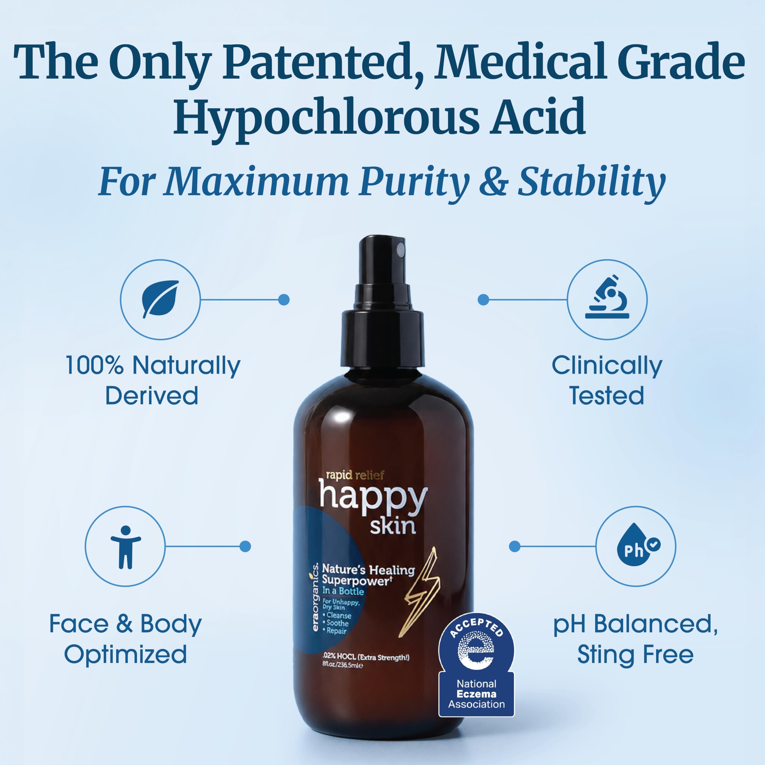 Happy Skin .02% Hypochlorous Acid Spray Toner– Extra Strength, Extra Gentle 100% Natural Toner & Skin Cleanser for Face & Body– Soothe, Hydrate & Repair Dry, Sensitive Skin– pH Balanced, Non-Toxic 8oz