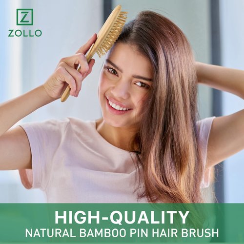 Bamboo Bristle Hair Brush for Women, Men, Kids; Dry and Wet Detangling Hair Brush Gently Enhances Shine, Smooths Frizz and Prevents Breakage in Fine and Straight, Thick and Curly Hair (oval)