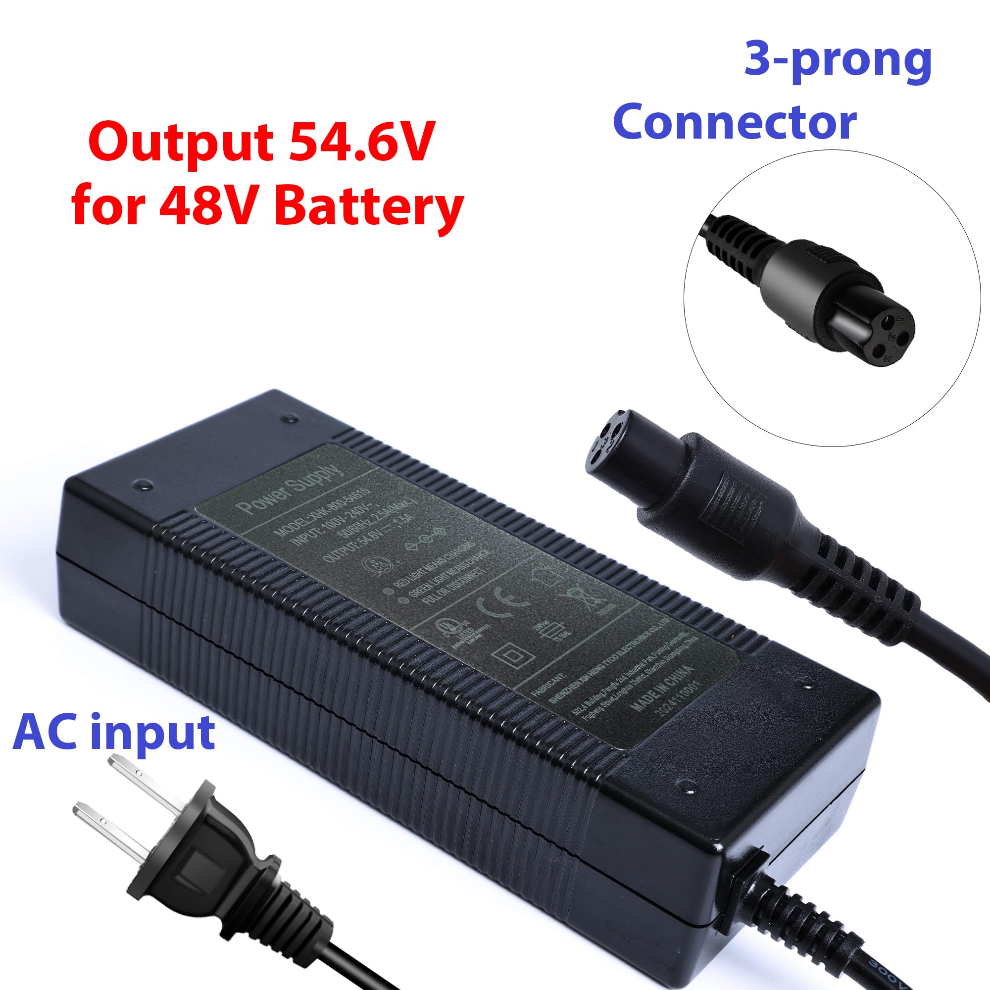 EVAPLUS UL Certified 54.6V Power Adapter for Electric Bike Electric Scooter, 48V Lithium Battery Charger with 12.0mm/0.47in Standard 3-Prong Connector