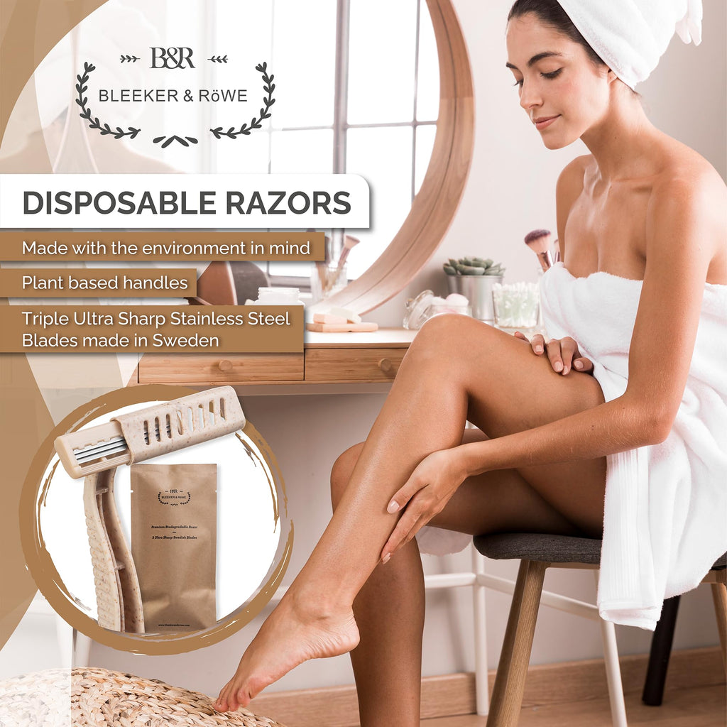 Bleeker and Rowe Eco Friendly Biodegradable Disposable Razors - Plant Based - Triple Swedish Steel Blades - Individually Wrapped (10)
