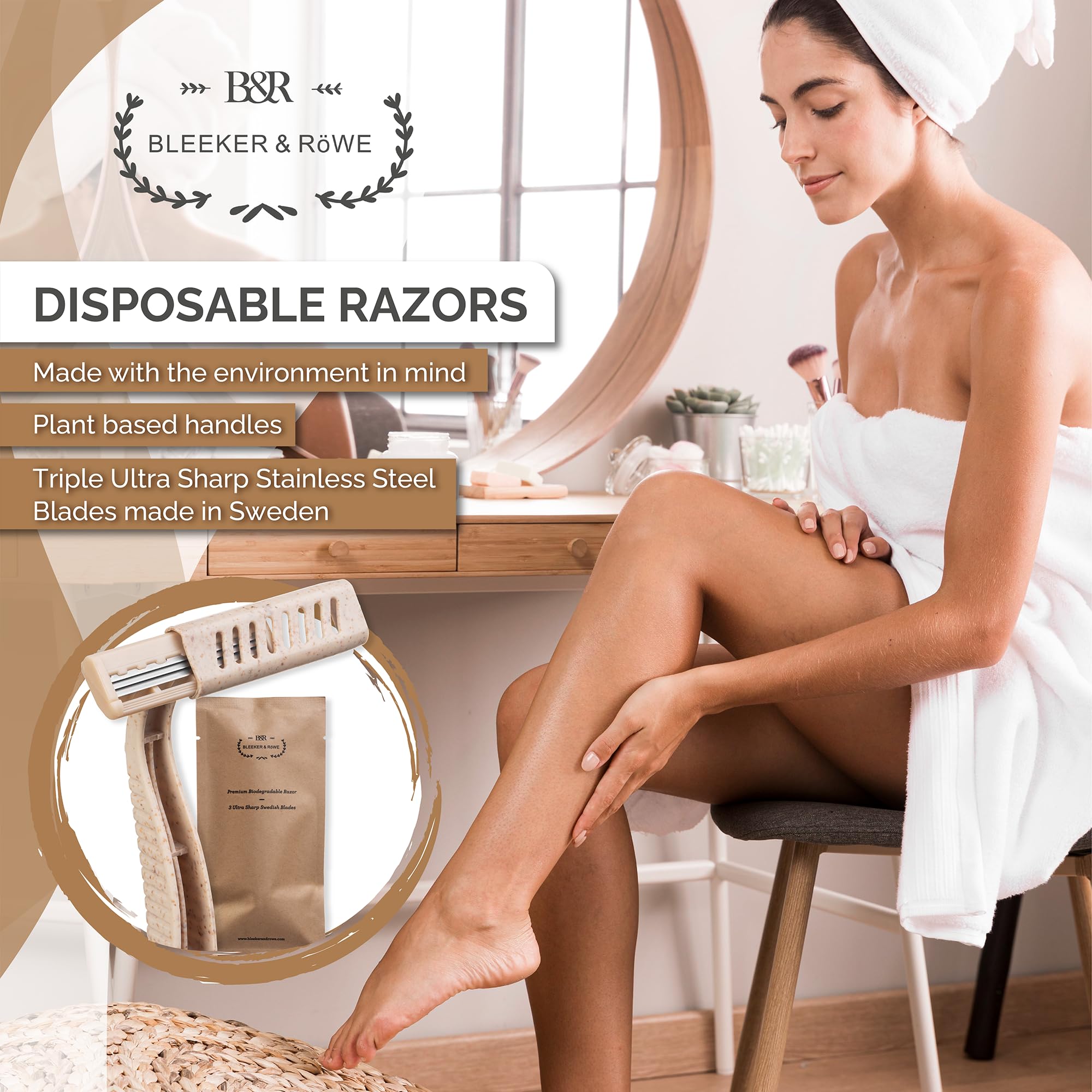 Bleeker and Rowe Eco Friendly Biodegradable Disposable Razors - Plant Based - Triple Swedish Steel Blades - Individually Wrapped (10)