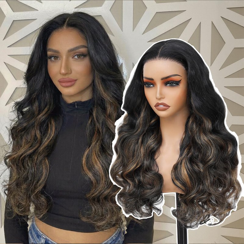 Walsdi Glueless 5x5 HD Lace Front Wig Synthetic Body Wave 28 Inch Ready to Wear Honey Blonde Highlights Black Roots Pre Cut Lace Closure Wig for Women Beginner Friendly Easy Install