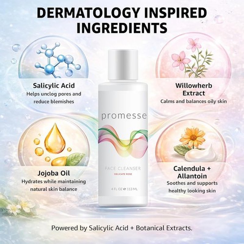 Promesse Acne Control Facial Cleanser - Glycolic & Salicylic Acid Exfoliating Wash | Hydrating Rose Scent - 4 fl oz