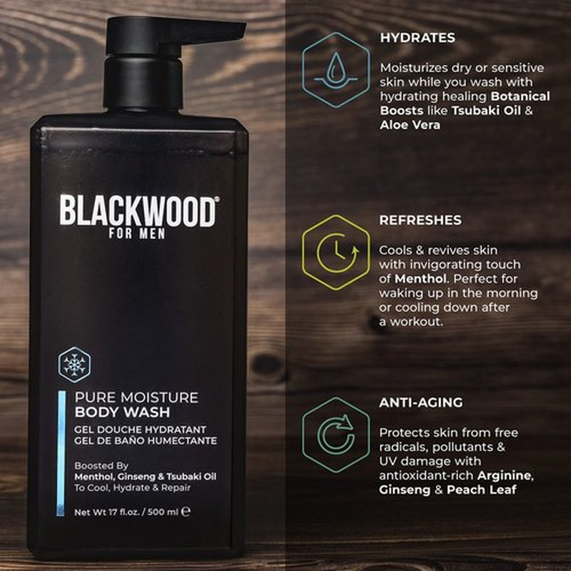 Blackwood For Men Pure Moisture Body Wash - Natural Mens Body Wash with Ginseng & Cooling Menthol - Sulfate Free Moisturizing Cleanser & Bodywash for Dry Skin or Sensitive Skin - Dye Free, Vegan, 17oz