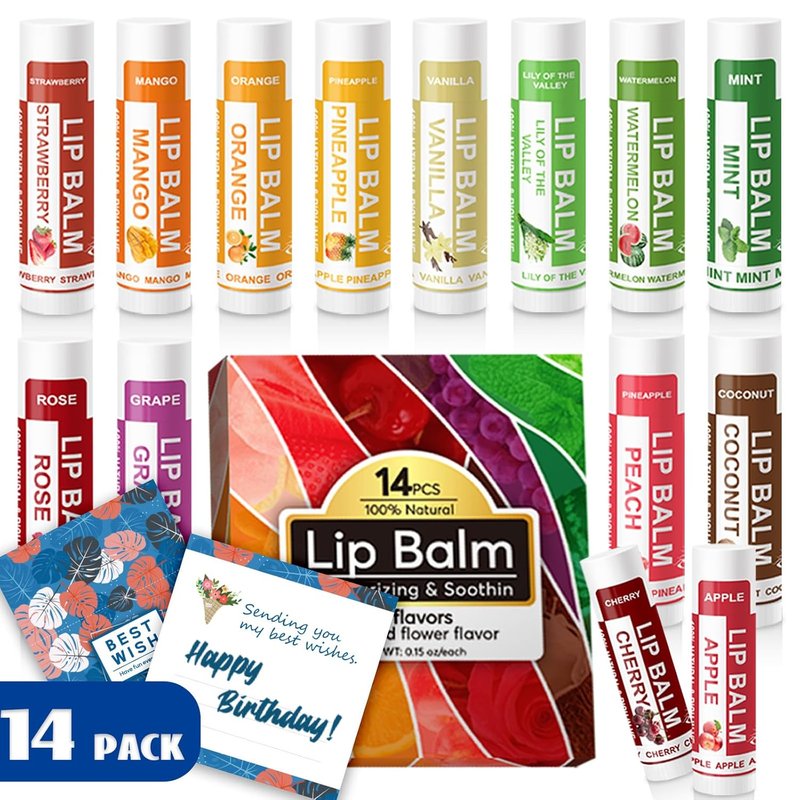 Yopela Natural Lip Balm 14-Pack | Moisturizing & Soothing with Vitamin E & Coconut Oil - 14 Flavors