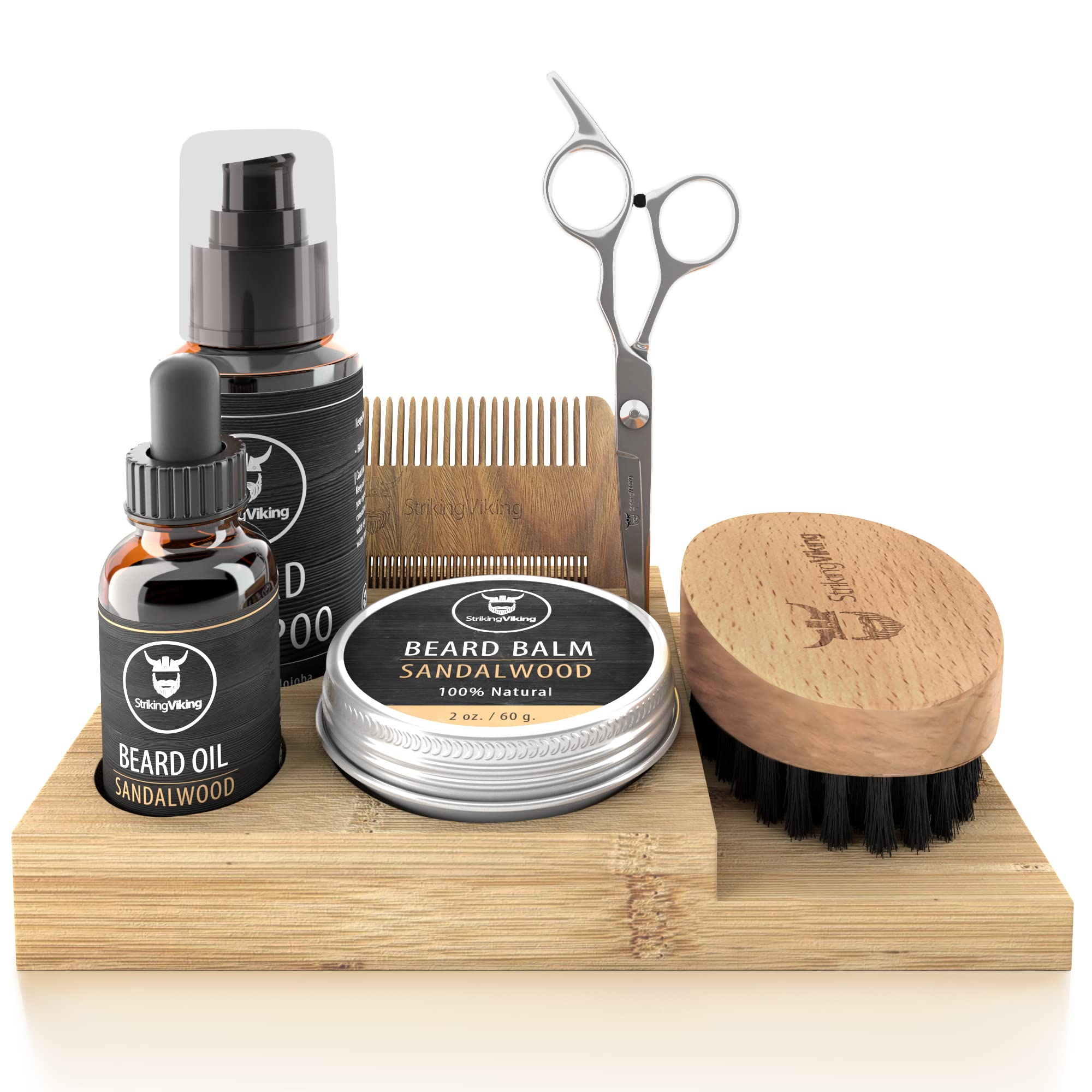 Striking Viking Beard Grooming Kit w Caddy - 7-Piece Set, Sandalwood - Softening Sandalwood Beard Oil & Balm - Brush with Mustache Comb & Scissors - Compact Caddy Organizer & Gifts for Men