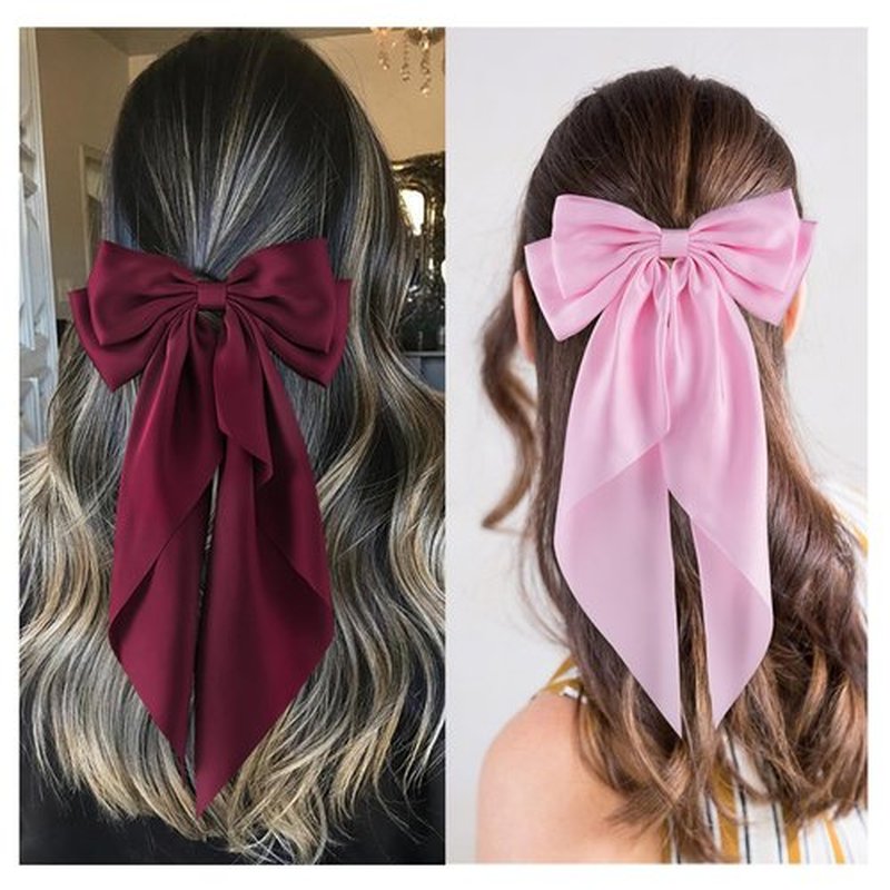hisial 6Pcs Large Bows Hair Clips for Women Girls Long Tail Hair Ribbon Silky Satin Barrettes Coquette Bows Accessories (Black/Pink/Red/White)