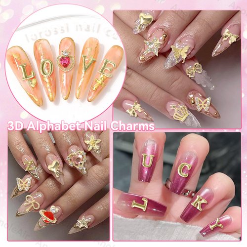 142 Pcs Gold A-Z Letter Nail Charms, Alloy Alphabet Words Nail Charm, Crown Heart Butterfly Bows Star Nail Gems Charms, Gold Flower Heart Alloy Nail Charm for Acrylic Nail Art Women DIY Accessories
