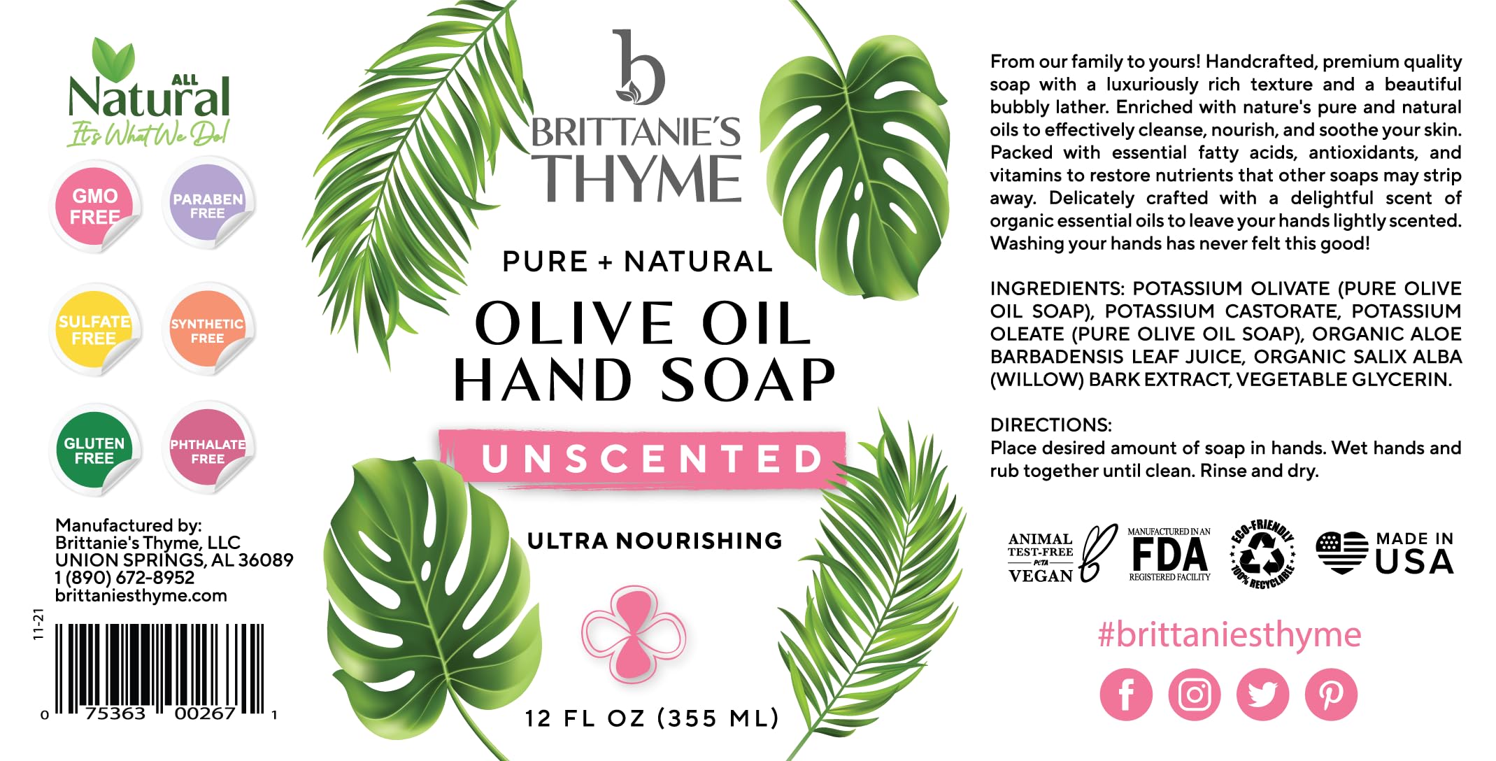 Brittanie’s Pure Castile Liquid Soap Refill, Unscented, 12 Ounce 3 Pack | Dish Soap, Hair & Body, Home, Gentle and Pure, Made with Natural Luxurious Oils, Vegan & Gluten Free Non-GMO
