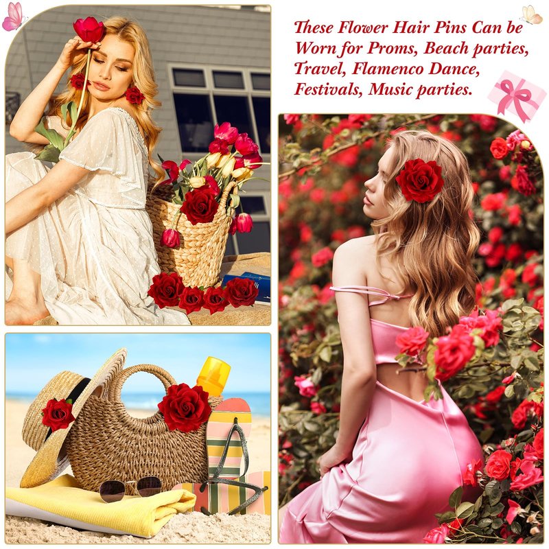 Waydress 30 Packs 2.8 Inch 4 Inch Flower Hair Clip Rose Hair Accessories Floral Hairpin Brooch Flowers Pin Brooch for Bridal Headpiece Accessories Wedding(Red)