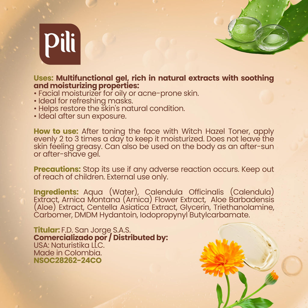 Pili Hydrogel | Face and body Skin Soothing Gel with Arnica, Calendula, Centella Asiatica and Aloe Vera extracts | Multi use calendula gel | Parabens and Alcohol Free | (8.8 Ounce (Pack of 1))