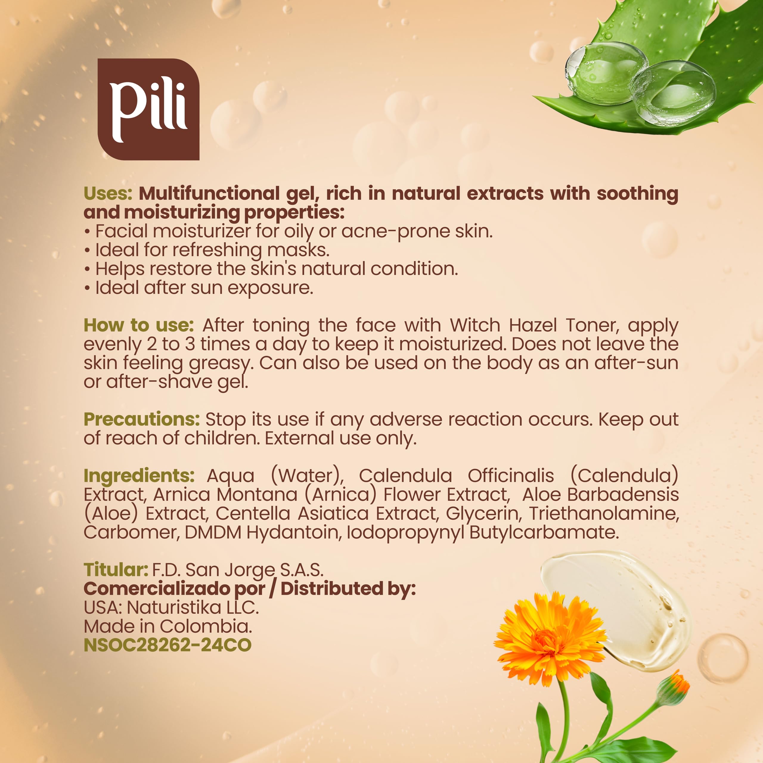 Pili Hydrogel | Face and body Skin Soothing Gel with Arnica, Calendula, Centella Asiatica and Aloe Vera extracts | Multi use calendula gel | Parabens and Alcohol Free | (8.8 Ounce (Pack of 1))