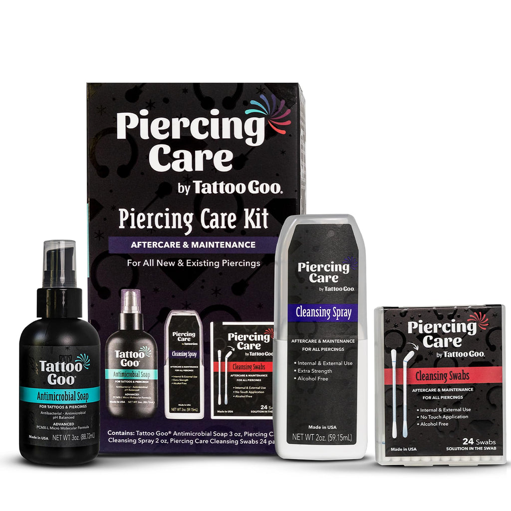 Tattoo Goo Piercing Care Kit, 3-Piece Set with Cleansing Soap, Cleansing Spray & Medicated Swabs, Aftercare for Clean and Comfortable Dermal & Oral Piercings, No Alcohol