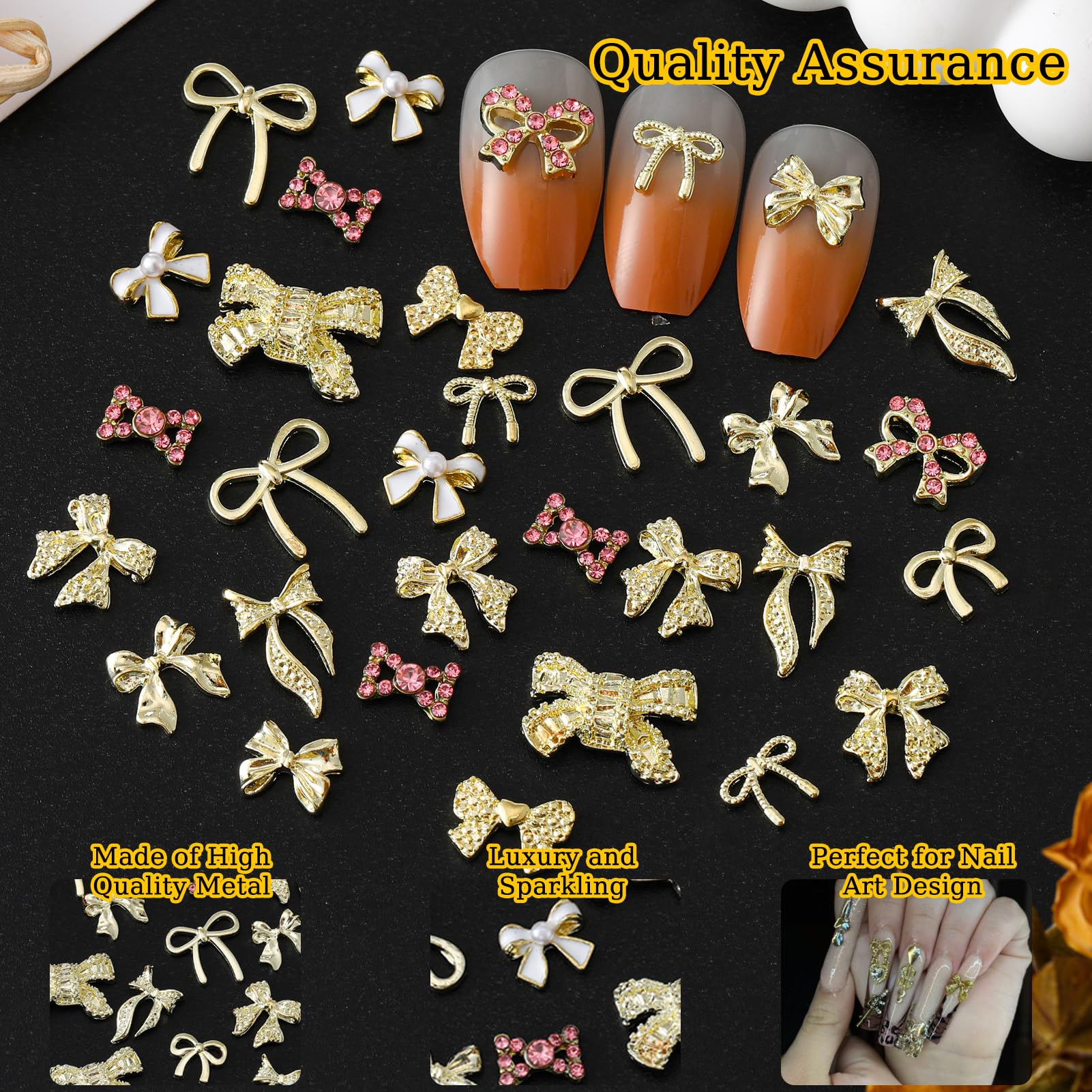 ZUMILLMN 116 Pcs Bow Nail Charms,12 Styles Gold Metal and Gem Bow Charms for Nails-Shiny Nail Rhinestones for Nail Art, Manicure, DIY Jewelry Making(116Pcs)