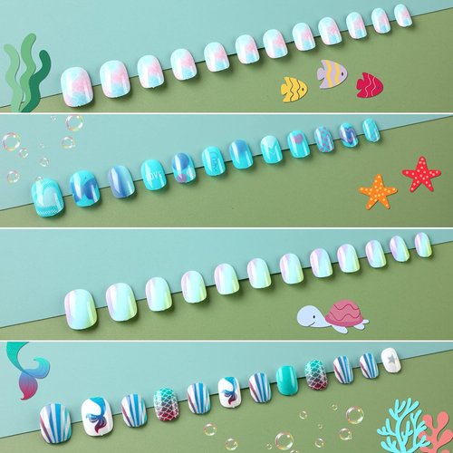 JANYUN 96 Pcs Kids False Nail Press on Nails Full Cover Short False Nails Children Nail Tips Lovely Gift for Kids Little Girls Nail Art Decoration (Blue Theme)