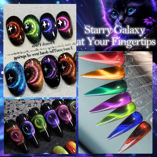 NAILGIL Cat Eye Gel Nail Polish Set, 9D Cat Eyes Polish Glass Effect with Magnet Stick, 3-Color Shifting Magnetic Gel Polish Chameleon Galaxy Effect Professional Use for Salon, 8 Colors